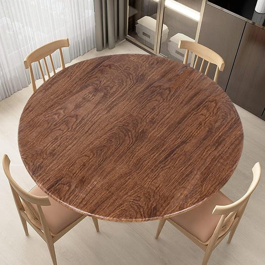 LUSHVIDA Round Waterproof Table Cover Elastic Vinyl Fitted Tablecloth Elastic Edged Plastic Table Cloth (Oak, Best for Up to 36"-44" Round)