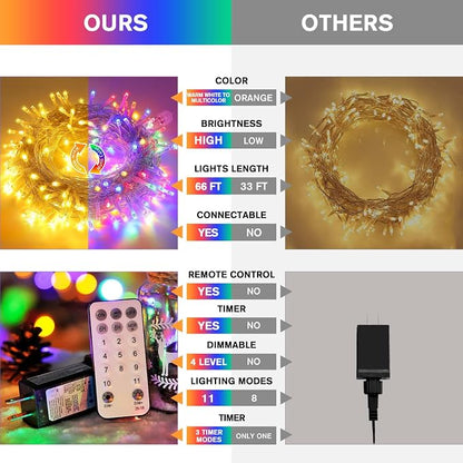 JMEXSUSS 200 LED Warm White & Multicolor Color Changing String Lights | 66ft String Lights Indoor Outdoor, Plug in, Connectable, Christmas Lights with Remote for Trees Xmas Party Decor