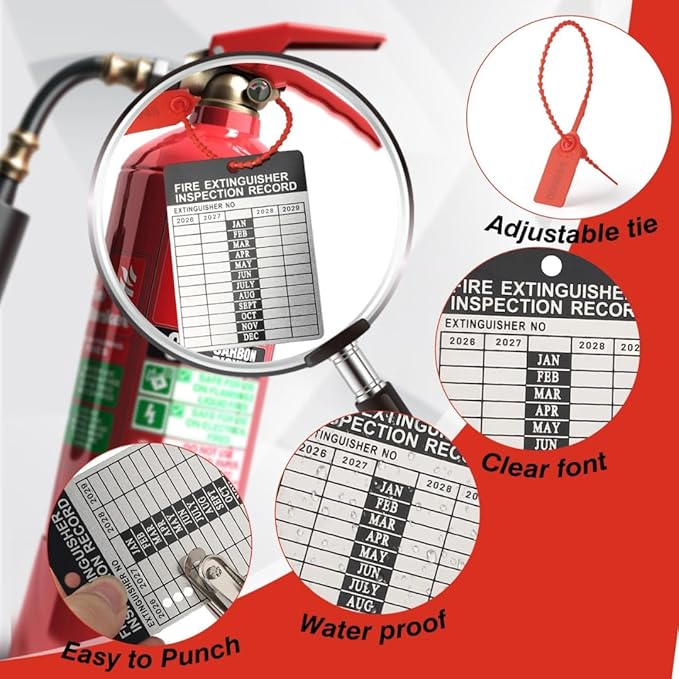 50 Sets 2026–2029 Fire Extinguisher Tags Aluminum Metal Inspection Record Tags 2.2 x 3 Inch with Hole Puncher & Numbered Security Zip Ties for Monthly Fire Extinguisher Inspection Indoor Outdoor