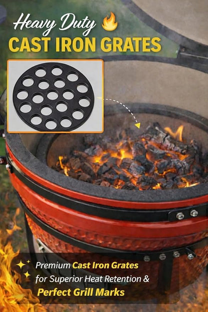 13-in W Kamado Grill with Built-in Thermometer, Oval Grill with Cast Iron Grates, Bamboo handle, Portable Ceramic Grills with Low Stand for Backyard, Patio, Deck grilling, Red