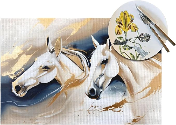 Horse Placemats Set of 4 Linen 12"x18" Modern Decorative Table Mats | Washable Heat-Resistant for Dining Outdoor Kitchen Home Decor Cute Place Mats