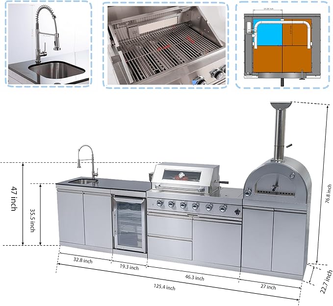 125-Inch Outdoor Kitchen Bar with BBQ Island Grill, Double Stainless Steel Propane Gas Outdoor Grill Island with 108000 BTU, Featuring Pizza Oven, Wine Cooler, Compact Refrigerator, Rotisserie, Sliver