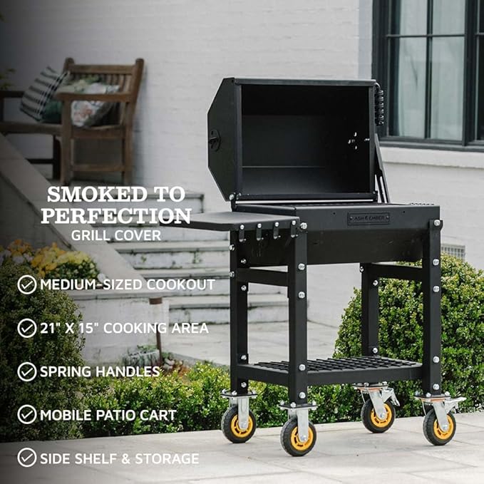 Ash & Ember 390 Sq. In Patio Cart Charcoal Grill with Cover, Side Shelf and Tool Hooks for BBQ Cooking Prep & Accessories, Mobile Heavy-Duty Park-Style Outdoor Grills & Smokers