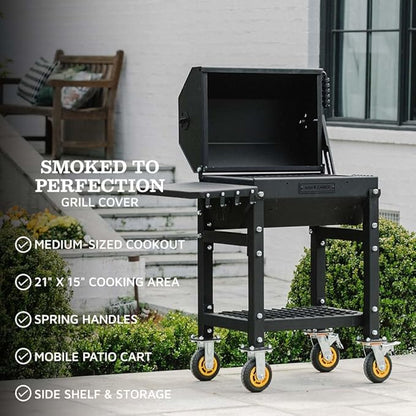 Ash & Ember 390 Sq. In Patio Cart Charcoal Grill with Cover, Side Shelf and Tool Hooks for BBQ Cooking Prep & Accessories, Mobile Heavy-Duty Park-Style Outdoor Grills & Smokers