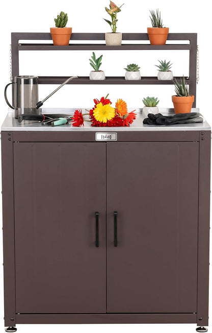 Feasto Outdoor Potting Bench Table with Storage Cabinet, Stainless Steel Garden Workstation, Raised-Edge Top, Adjustable Shelf & Removable Hutch for Patio, Balcony & Outdoor Workspace, Brown