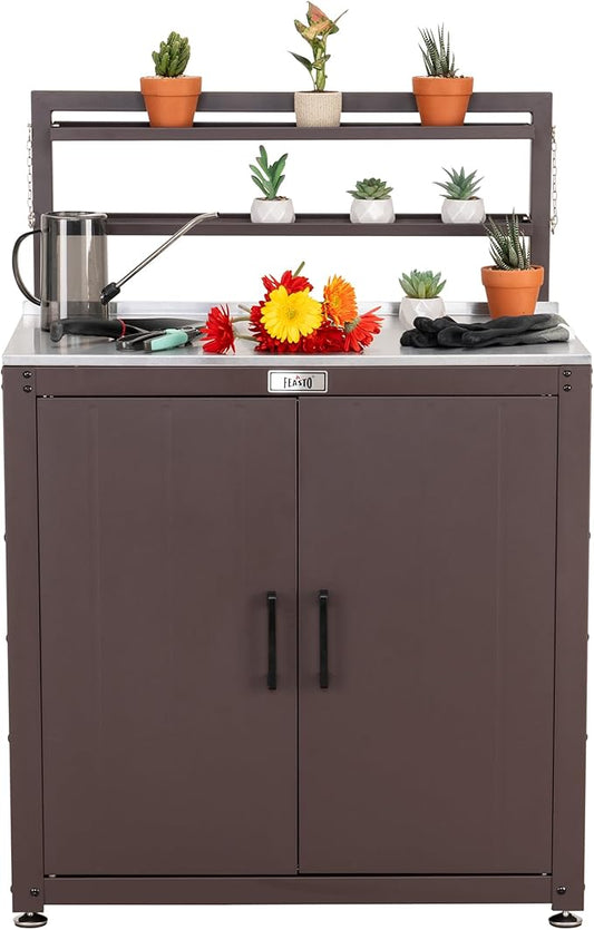 Feasto Outdoor Potting Bench Table with Storage Cabinet, Stainless Steel Garden Workstation, Raised-Edge Top, Adjustable Shelf & Removable Hutch for Patio, Balcony & Outdoor Workspace, Brown