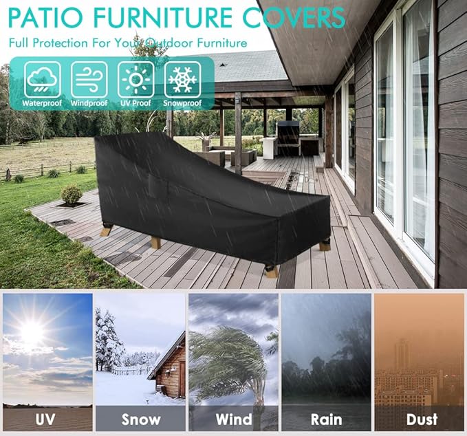 WLEAFJ Patio Chaise Lounge Cover Waterproof, Heavy Duty Outdoor Lounge Chair Covers, Black Durable Patio Furniture Covers, 78L x 34W x 32H inch