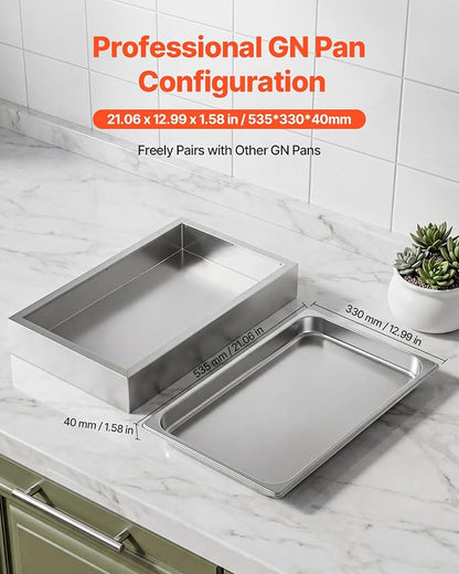 VEVOR Countertop Food Serving Display Container, 2 Tier Stainless Steel Food Salad Server Tray, Buffet Condiment Dispenser, Ice Cooled Rack with Clear Roll Top Cover, for Restaurant Hotel (1/1 Pan x2)