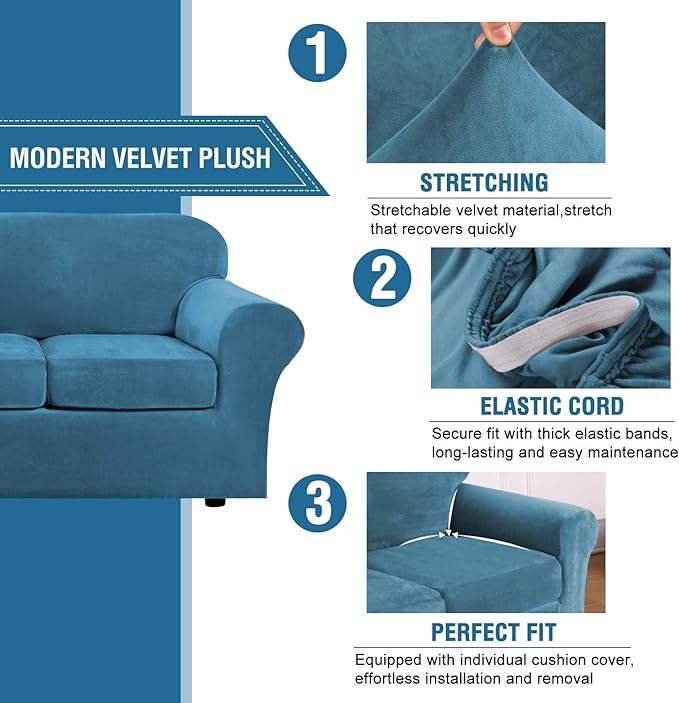 H.VERSAILTEX Rich Velvet Stretch 2 Piece Chair Cover Chair Slipcover Sofa Cover Furniture Protector Couch Soft with Elastic Bottom Chair Couch Cover with Arms Width Up to 49 Inch(Chair,Peacock Blue)