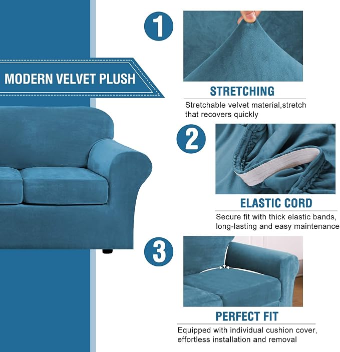 H.VERSAILTEX Modern Velvet Plush 4 Piece High Stretch Sofa Slipcover Sofa Cover Furniture Protector Form Fit Luxury Thick Velvet Sofa Cover for 3 Cushion Couch Width Up to 90 Inch (Sofa,Peacock Blue)