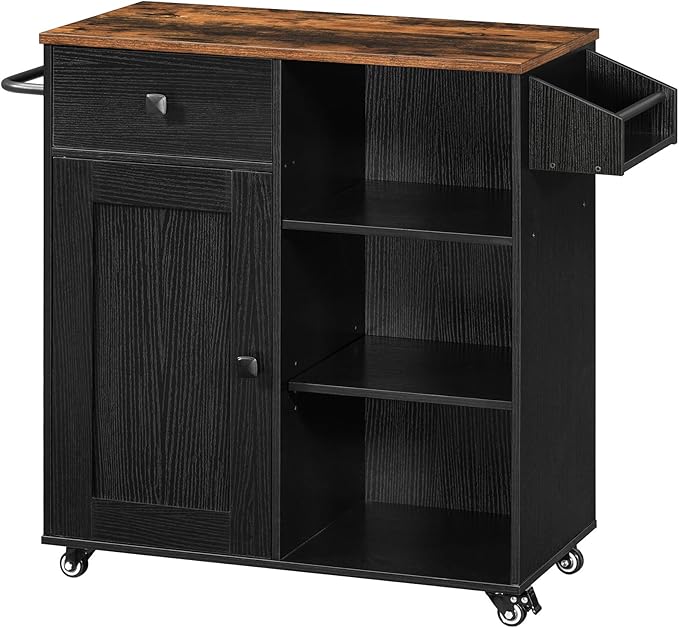 HOOBRO Kitchen Island, Storage Cabinet with Drawer, Kitchen Cart with Spice and Towel Rack, Saving Space, Easy Assembly, for Living Room, Rustic Brown and Black FB12ZD01