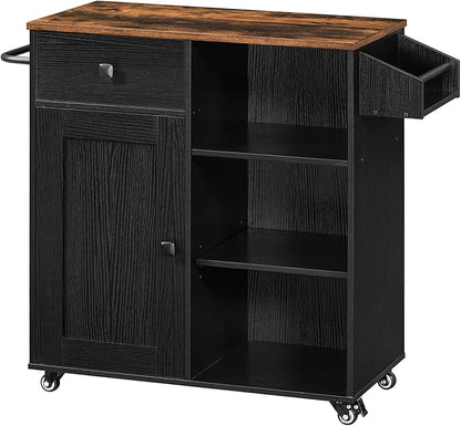 HOOBRO Kitchen Island, Storage Cabinet with Drawer, Kitchen Cart with Spice and Towel Rack, Saving Space, Easy Assembly, for Living Room, Rustic Brown and Black FB12ZD01