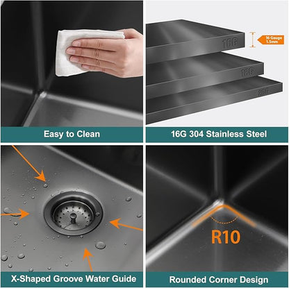 12x15 inch Black Undermount Kitchen Sink, Small Wet Bar Prep Workstation Bar Sink, 16 Gauge Stainless Steel Single Bowl Basin for Laundry Room, RV, and Home Bar