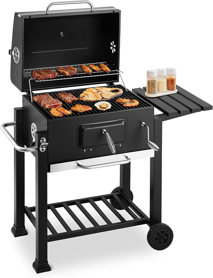 Portable Charcoal Grill, Large BBQ Grill with Height Adjustable Charcoal Pan, Built-in Thermometer & Foldable Side Table, Outdoor Charcoal Grill Portable for Patio Backyard Picnic Camping