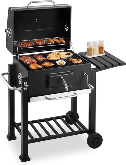 Portable Charcoal Grill, Large BBQ Grill with Height Adjustable Charcoal Pan, Built-in Thermometer & Foldable Side Table, Outdoor Charcoal Grill Portable for Patio Backyard Picnic Camping
