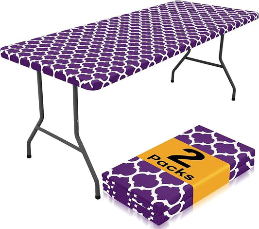 Smiry 2 Pack Rectangle Table Cloth 6 Foot, Waterproof Elastic Fitted Tablecloths, Windproof Washable Polyester Table Cover for Picnic, Camping, Outdoor (Purple, 30"x72")
