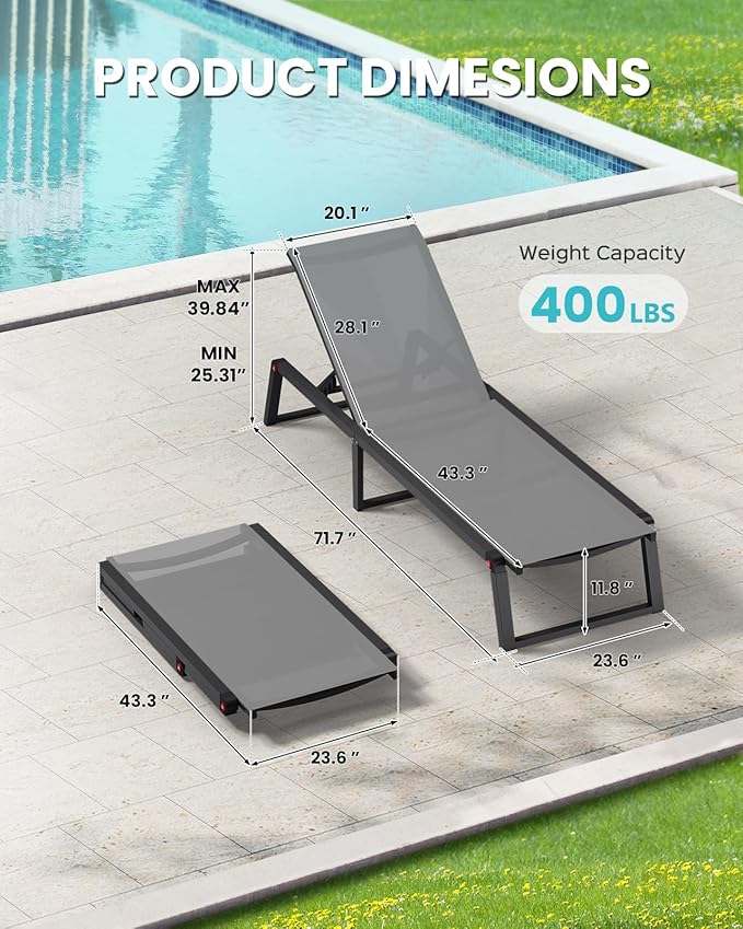 Aluminum Chaise Lounge Chair Outdoor, Foldable& No Assembly Patio Pool Lounge Chairs 5-Position Recliner for Outside, Fully Grounded Legs Sun Lounger for Poolside, Dark Grey