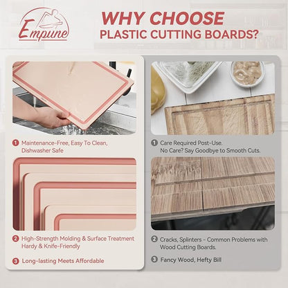 Empune 3-Piece Plastic Cutting Boards for Kitchen - Thick & Non-Slip Chopping Board Set with Juice Grooves, Dishwasher Safe, BPA Free, Includes Large & Small Sizes, Pink