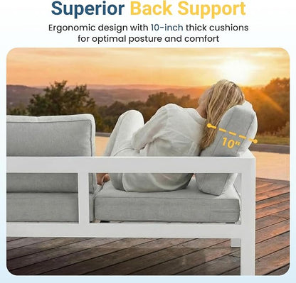Wisteria Lane Aluminum Outdoor Sofa, 3 Pieces Patio Couch All-Weather Rust-Proof Modern Metal Patio Furniture with 5" Thick Olefin Cushions, Light Grey