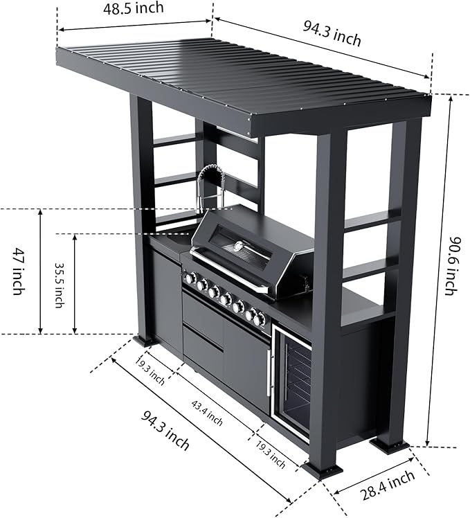 94-Inch 6-Burner 85000 BTU Stainless Steel Natural Gas Grill Outdoor Kitchen Island with Canopy,684Sq.In Cooking Area,Wine Cooler,Refrigerator,Rotisserie,For Backyard BBQ,Black