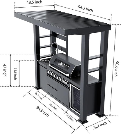 94-Inch 6-Burner 85000 BTU Stainless Steel Natural Gas Grill Outdoor Kitchen Island with Canopy,684Sq.In Cooking Area,Wine Cooler,Refrigerator,Rotisserie,For Backyard BBQ,Black