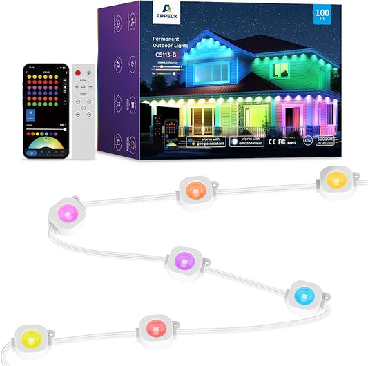 APPECK RGBW Permanent Outdoor Lights 100ft with 72 Lights,White | 111+ Scenes Modes Outdoor Lighting, APP Control Eaves Lights Compatible with Alexa, for Decorations, Daily