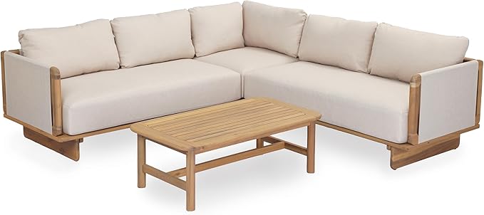 Merax 4 Piece Patio Outdoor Furniture Set, All-Weather V-Shaped Sectional Sofa with Cushions, 1 Coffee Table for Porch, Lawn, Backyard, Balcony, Light Teak+ Beige