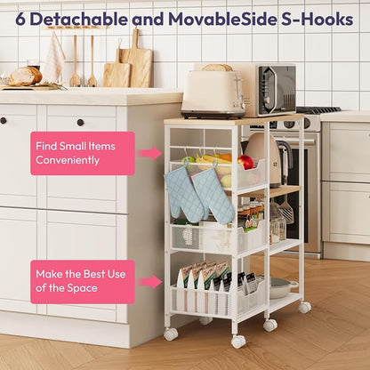 SWTYMIKI Kitchen Island Cart on Wheels - 4 Tier Rolling Kitchen Table Cart with Storage Shelves, 6 Removable Hooks& Locking Casters, Coffee Bar Cabinet for Dining Room Pantry Office, White