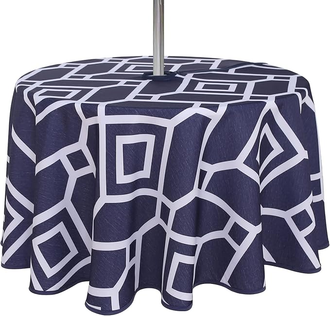 LUSHVIDA Moroccan Outdoor Round Tablecloth with Umbrella Hole and Zipper, 60 Inch Navy, Waterproof Wrinkle Free Table Cloth Decorative Fabric Washable Table Cover for Patio, Party, Picnic