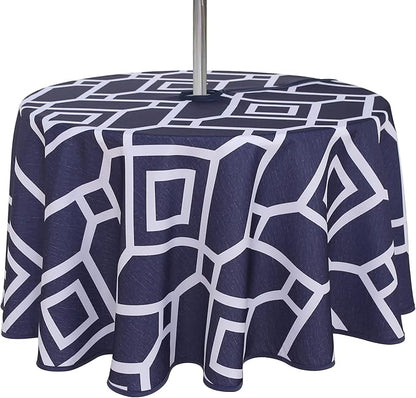 LUSHVIDA Moroccan Outdoor Round Tablecloth with Umbrella Hole and Zipper, 60 Inch Navy, Waterproof Wrinkle Free Table Cloth Decorative Fabric Washable Table Cover for Patio, Party, Picnic
