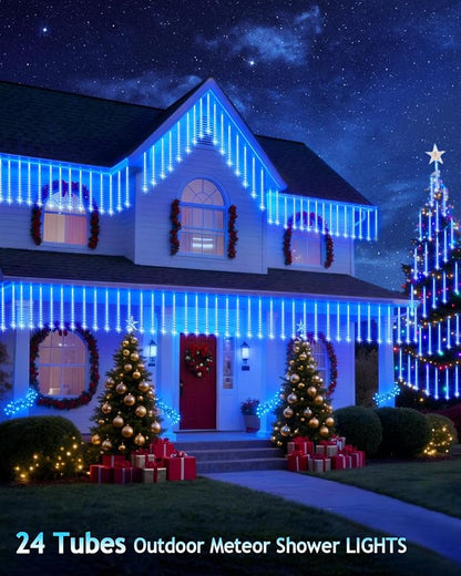 PEMOTech Christmas Lights Outdoor,24 Tubes 30cm 576 Led Meteor Shower Lights, Waterproof Christmas Decorations Icicle Light for Xmas Tree Halloween Party, Outdoor Christmas Decorations,Ul Plug,Blue
