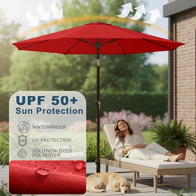9' Solar LED Patio Umbrella with Tilt & Crank|8 Sturdy Ribs,UV Protection,Outdoor Market Table Umbrella for Deck,Lawn,Pool,Backyard (Red)