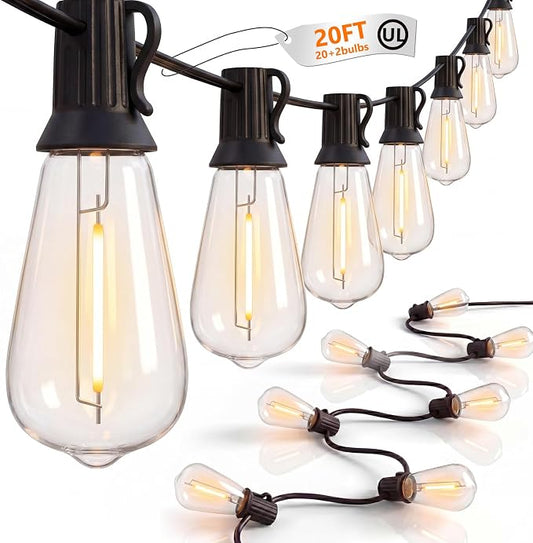 20FT ST40 LED Outdoor String Lights with 22 Shatterproof Vintage Edison Bulbs, Patio String Lights Waterproof for Backyard Porch Garden Balcony Party Bistro Decorations,2700K Warm White, Black Wire