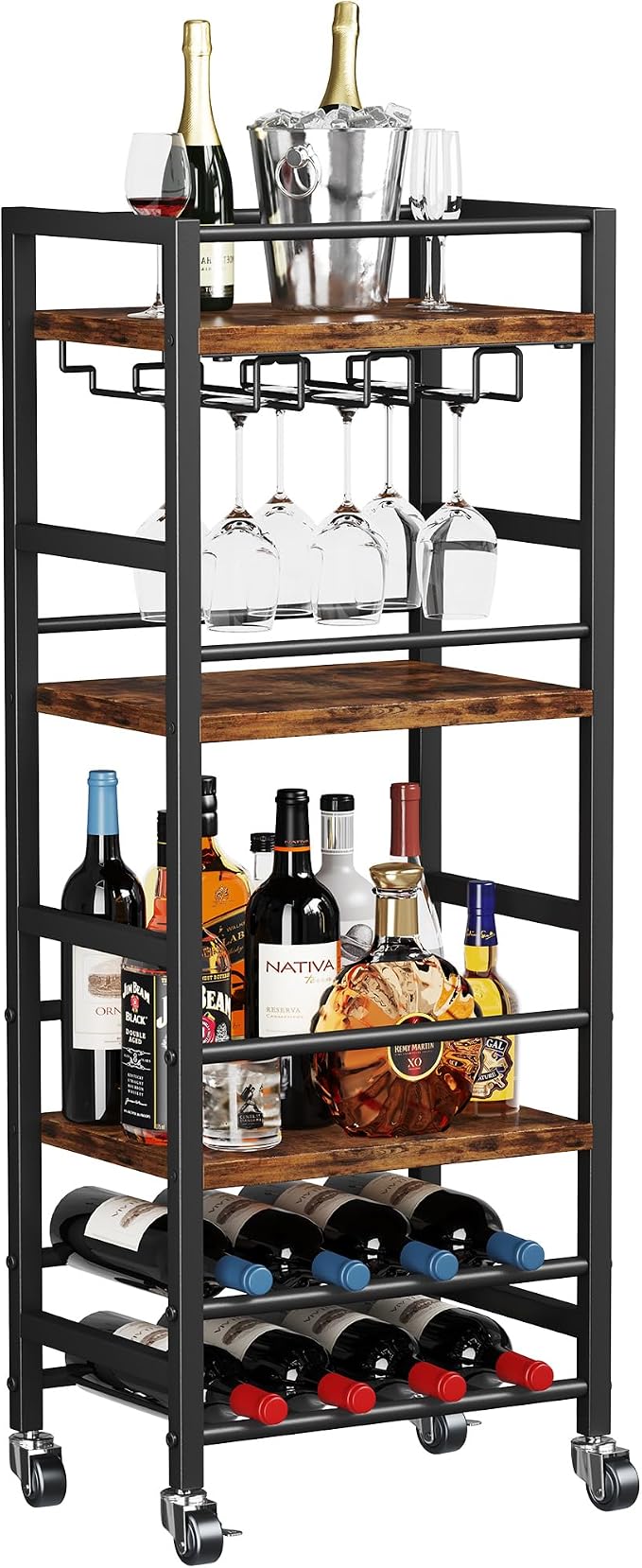 Homeiju Small Bar Cart with 5-Tier Shelf, Mobile Kitchen Shelf with Wine Rack and Glass Holder, Mini Bar Cart for Small Spaces, Rustic Brown