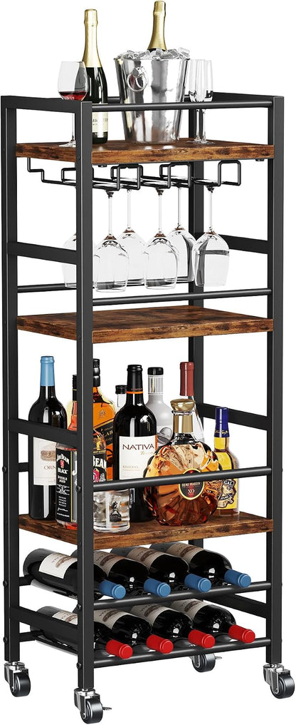 Homeiju Small Bar Cart with 5-Tier Shelf, Mobile Kitchen Shelf with Wine Rack and Glass Holder, Mini Bar Cart for Small Spaces, Rustic Brown