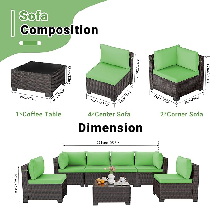 LAWELL 7 Pieces Outdoor Patio Furniture Sets,Rattan Conversation Sectional Set,Manual Weaving Wicker Patio Sofa with Tea Table