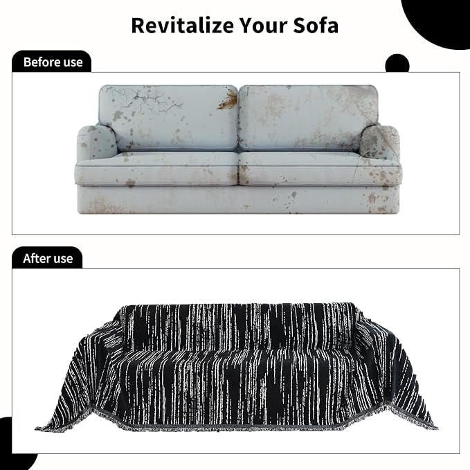 WEYOND Chenille Couch Cover Tassels, Sofa Cover Washable, 71" x 118", Black | Pet Friendly Sofa Slipcover for Sectional Sofa, Loveseat, 2 or 3 Cushion Couch, Corner Sofa, Futon Cover