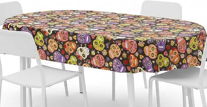 Newbridge Sugar Skull Oval Vinyl Tablecloth with Flannel Backing, Waterproof Wipe Clean Table Cover for Indoor Outdoor Kitchen Dining Use, Picnic and Barbecue, 60 x 84 Inch Oval