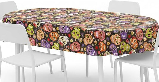 Newbridge Sugar Skull Oval Vinyl Tablecloth with Flannel Backing, Waterproof Wipe Clean Table Cover for Indoor Outdoor Kitchen Dining Use, Picnic and Barbecue, 60 x 84 Inch Oval