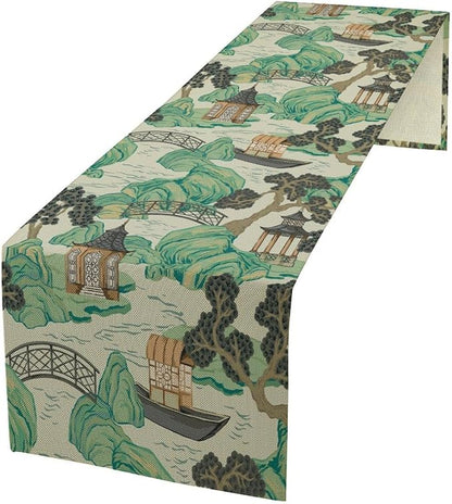Chinese Landscape Table Runner Oriental Vintage Chinoiserie Grey Blue Mountains Pagoda Boat Pine Trees Dinner Runner for Wedding Party Holiday Kitchen Dining Home Decor 13x120in
