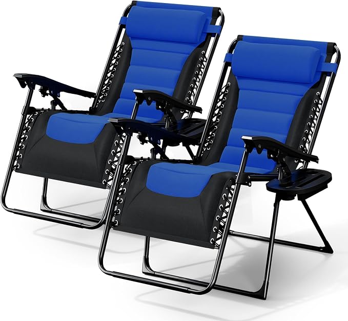Nestl Padded Oversized Zero Gravity Chair, XL Outdoor Lounge Chair Set of 2 | Adjustable Headrest, Cup Holder & Side Tray, Support 330 LBS, Anti Gravity Reclining, For Patio, Camping & Beach, Black/Blue