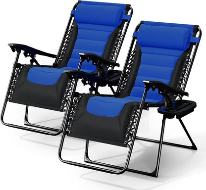 Nestl Padded Oversized Zero Gravity Chair, XL Outdoor Lounge Chair Set of 2 | Adjustable Headrest, Cup Holder & Side Tray, Support 330 LBS, Anti Gravity Reclining, For Patio, Camping & Beach, Black/Blue