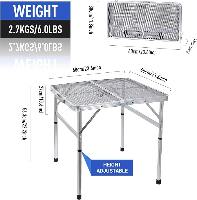 Nice C Square Folding Height Adjustable Aluminum Table (23.6", White) | Mesh Bag, Carry Handle, Grill Table, Camping Table, Outdoor Table, Card Game Table