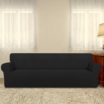 PureFit Stretch Couch Covers for Sofa 4 Seater Slipcovers Black | 1-Piece Sofa Cover Washable Soft Couch protector, Couch Slipcover with Non Skid Foam and Elastic Bottom for Kids, Dogs