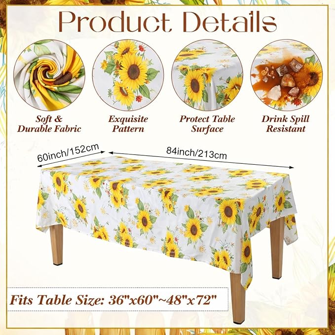 7 Pcs Sunflower Tablecloth and Chair Covers Set 60 x 84 Inch Waterproof Stain Rectangular Table Cover with Stretchable Removable Chair Slipcovers for Dining Room, Patio, Summer Parties
