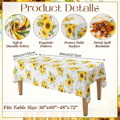 7 Pcs Sunflower Tablecloth and Chair Covers Set 60 x 84 Inch Waterproof Stain Rectangular Table Cover with Stretchable Removable Chair Slipcovers for Dining Room, Patio, Summer Parties