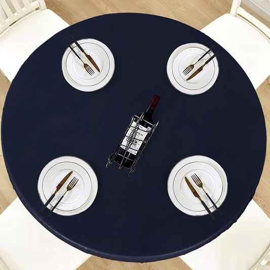 LUSHVIDA Round Waterproof Table Cover Elastic Vinyl Fitted Tablecloth Elastic Edged Plastic Table Cloth (Navy, Best for Up to 57"-68" Round)
