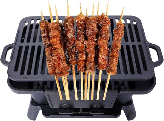 Cast Iron Hibachi Grill & Skillet Combo, Portable Charcoal Hibachi Grills, Compact Camping Charcoal Cooker for Tailgating, Picnics & Hunting (B)