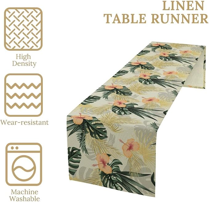 Tropical Leaves Table Runner Retro Boho Palms Tree Flower Hawaii Jungle Botanical Spring Summer Seasonal Dinner Runner for Farmhouse Home Kitchen Dining Holiday Party Decor 13x36in
