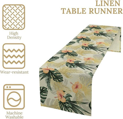 Tropical Leaves Table Runner Retro Boho Palms Tree Flower Hawaii Jungle Botanical Spring Summer Seasonal Dinner Runner for Farmhouse Home Kitchen Dining Holiday Party Decor 13x36in